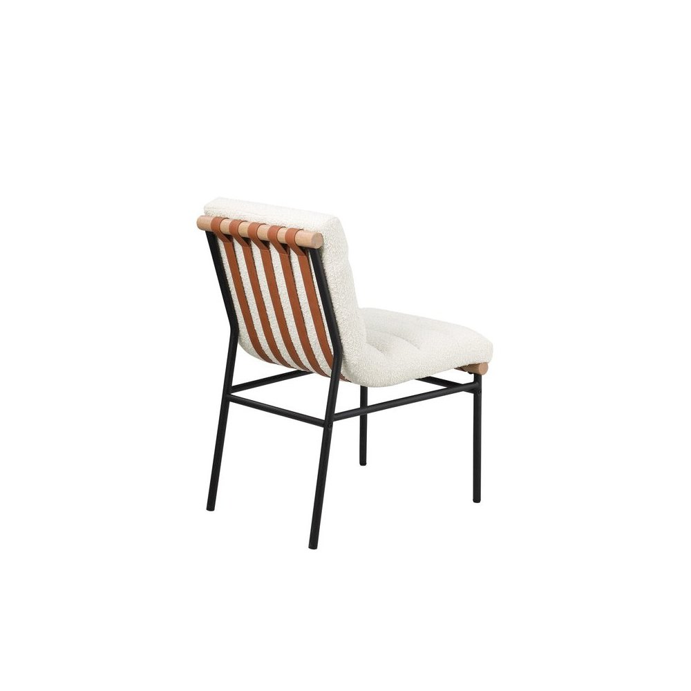 Set of 2 Dining Chairs, White Boucle, Cognac PU, Black Iron Legs