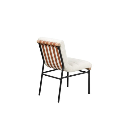 Set of 2 Dining Chairs, White Boucle, Cognac PU, Black Iron Legs