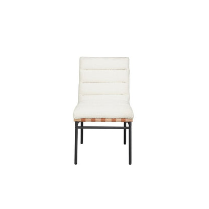 Set of 2 Dining Chairs, White Boucle, Cognac PU, Black Iron Legs
