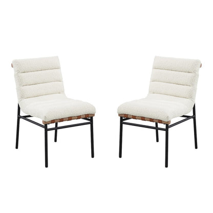 Set of 2 Dining Chairs, White Boucle, Cognac PU, Black Iron Legs
