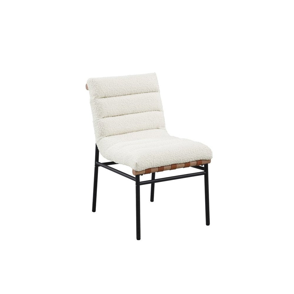 Set of 2 Dining Chairs, White Boucle, Cognac PU, Black Iron Legs