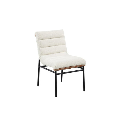 Set of 2 Dining Chairs, White Boucle, Cognac PU, Black Iron Legs