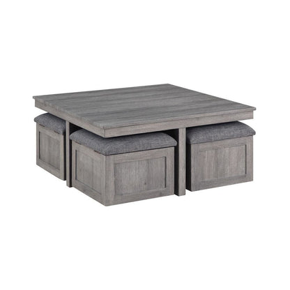 Coffee Table with 4 Storage Stools, Distressed Gray