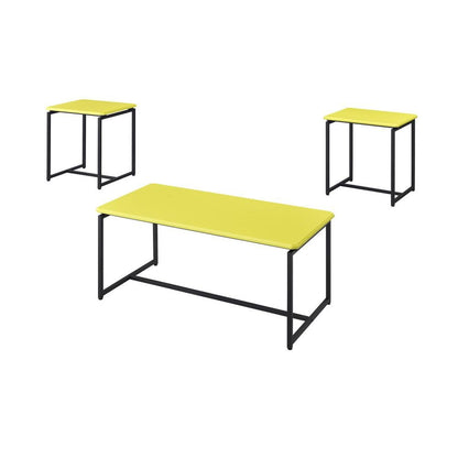 3 Piece Table Set, Carbon Fiber Wrap, Yellow, Metal Frame
