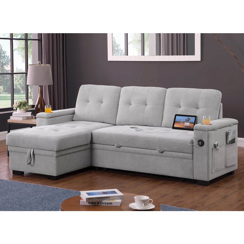 Ashlyn II 84"W Gray Woven Reversible Sleeper Sectional Sofa with Storage Chaise