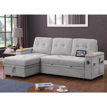 Ashlyn II 84"W Gray Woven Reversible Sleeper Sectional Sofa with Storage Chaise