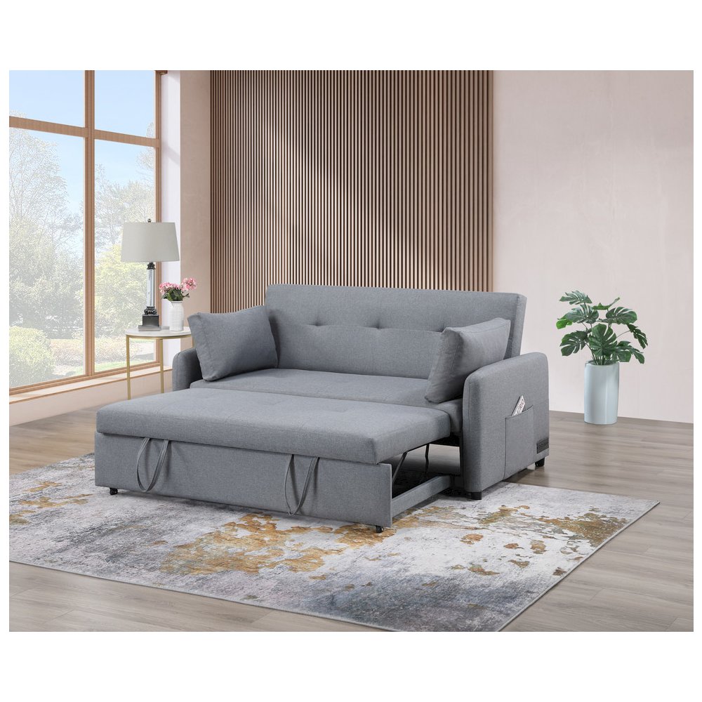 Radella 69"W Gray Linen Convertible Sleeper Loveseat with USB Ports