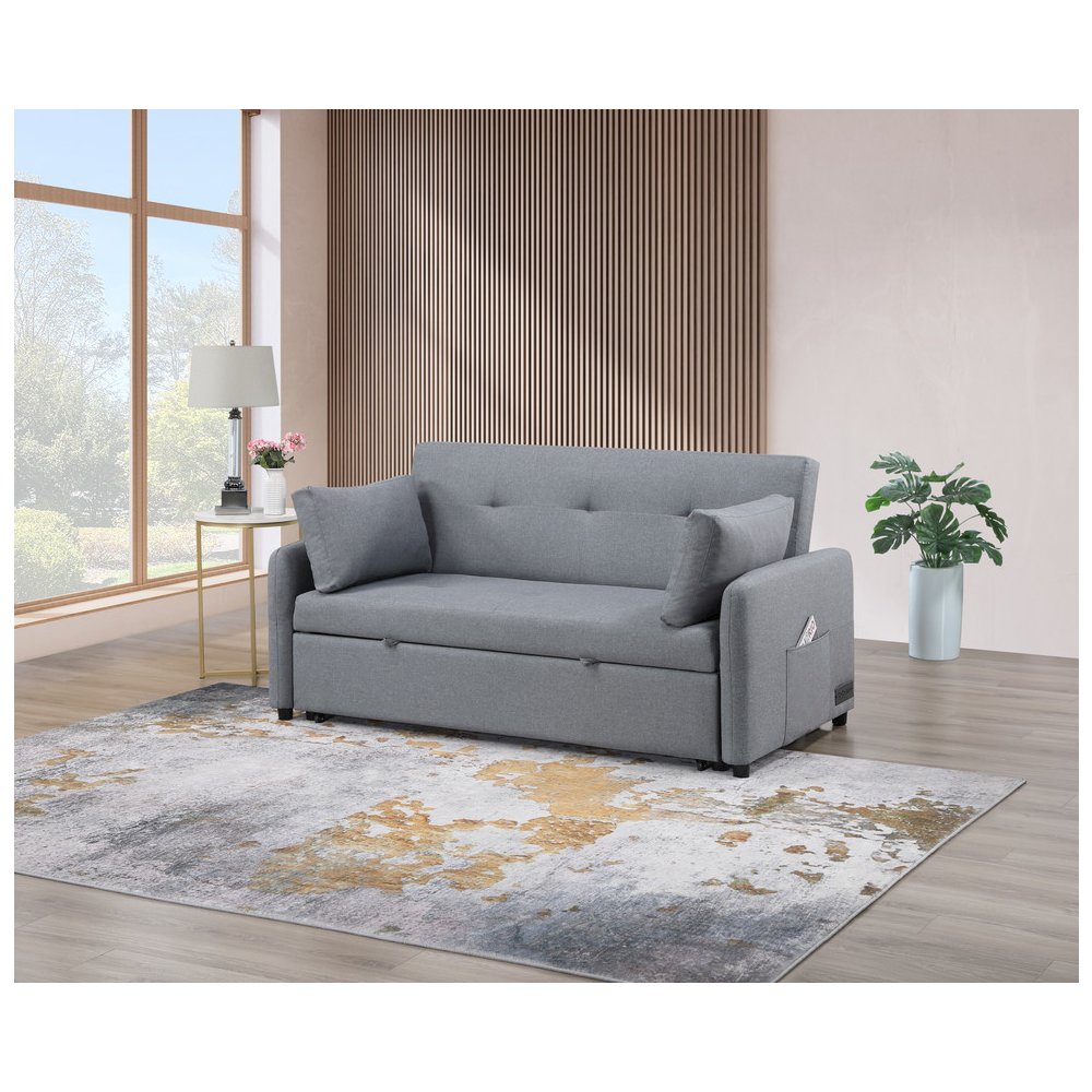 Radella 69"W Gray Linen Convertible Sleeper Loveseat with USB Ports