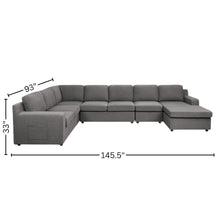 7-Seater U-Shape Sectional Sofa, Gray Linen, Modular, Pocket