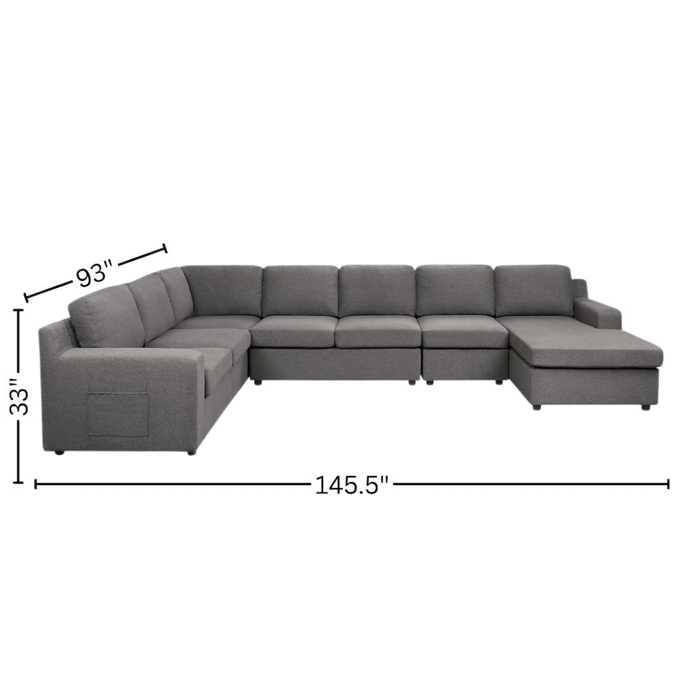 7-Seater U-Shape Sectional Sofa, Gray Linen, Modular, Pocket