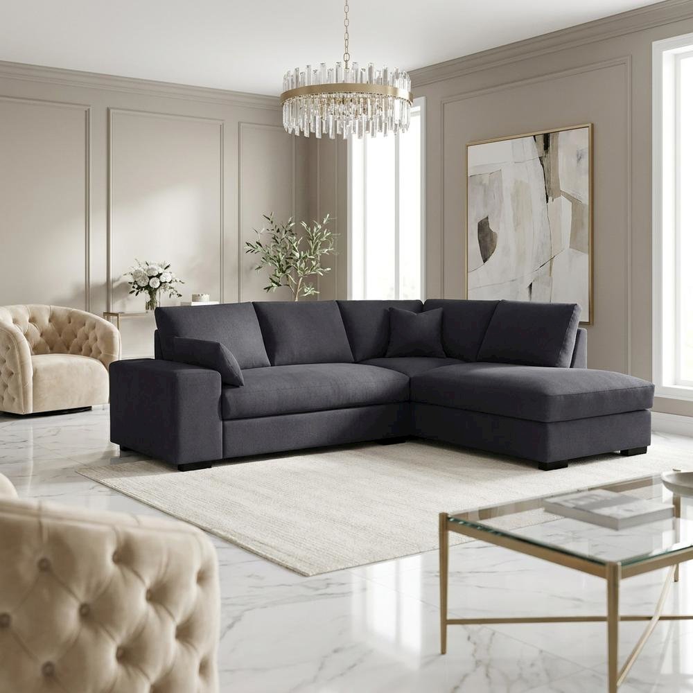 Dark Gray Woven Fabric Sectional Sofa with Right Facing Chaise