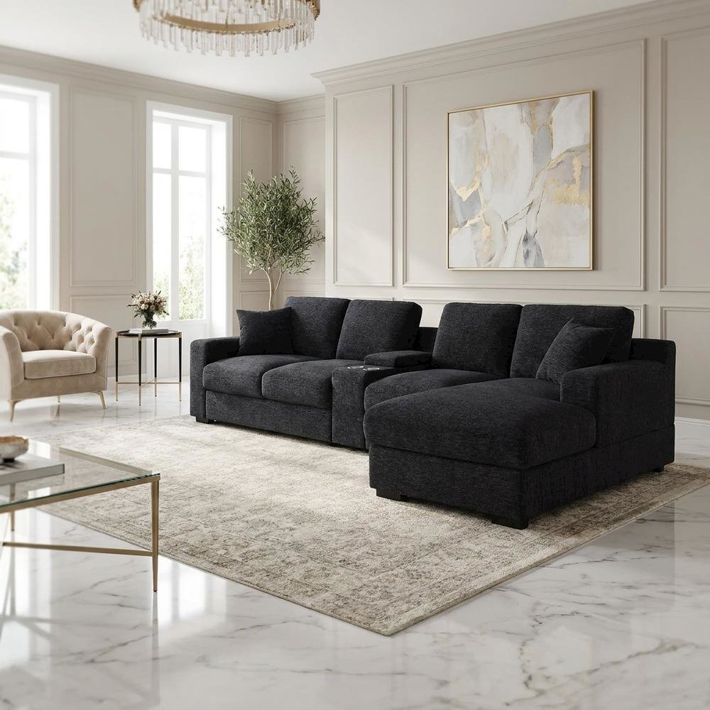 Grey Fabric Corner Sectional Sofa with Right-Facing Chaise and Cupholders