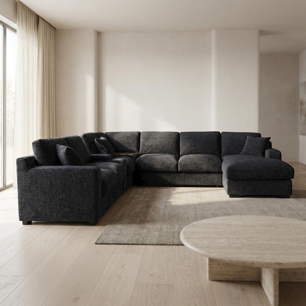 Grey Fabric Corner Sectional Sofa with Right-Facing Chaise and Cupholders