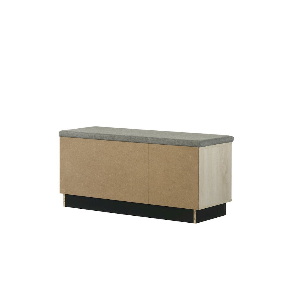 Brett 38.5"W Oak Finish Shoe Cabinet with Sliding Doors, Upholstered Top