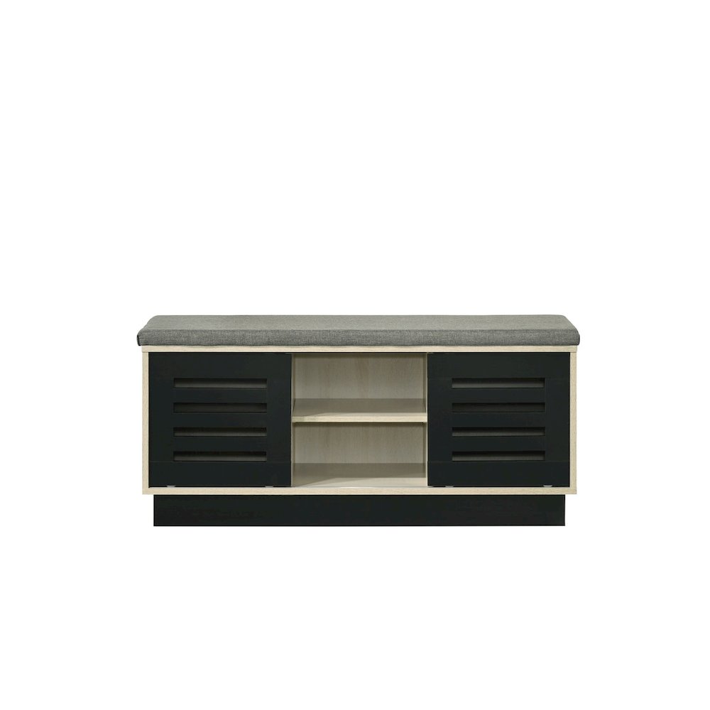 Brett 38.5"W Oak Finish Shoe Cabinet with Sliding Doors, Upholstered Top