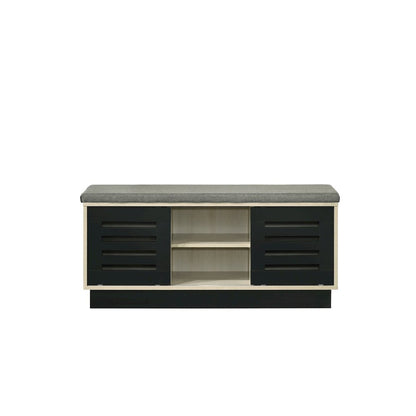 Brett 38.5"W Oak Finish Shoe Cabinet with Sliding Doors, Upholstered Top