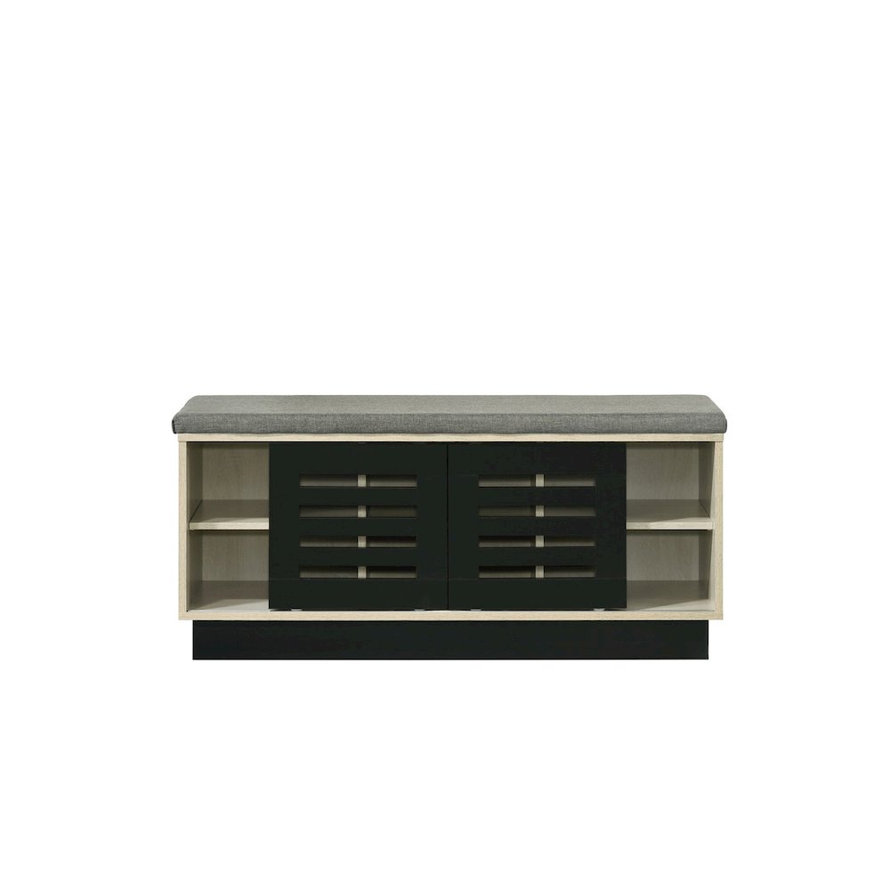 Brett 38.5"W Oak Finish Shoe Cabinet with Sliding Doors, Upholstered Top