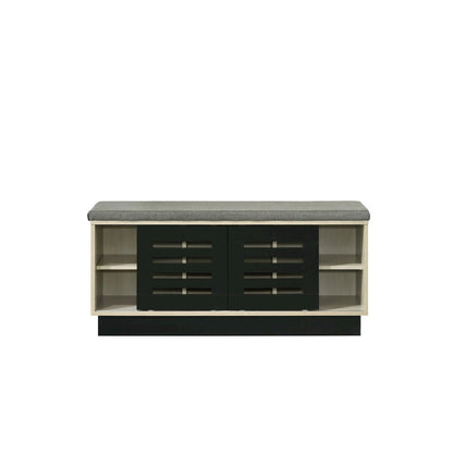 Brett 38.5"W Oak Finish Shoe Cabinet with Sliding Doors, Upholstered Top