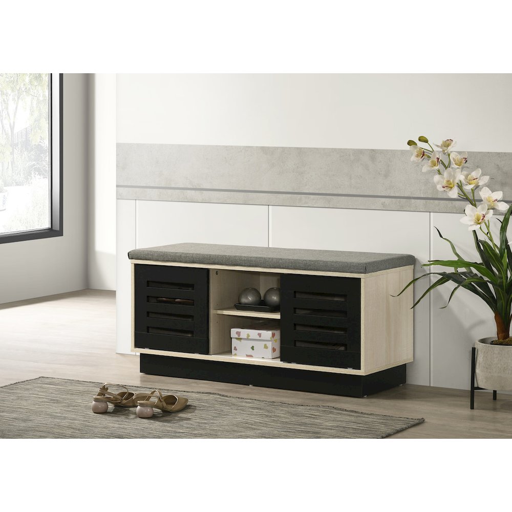 Brett 38.5"W Oak Finish Shoe Cabinet with Sliding Doors, Upholstered Top