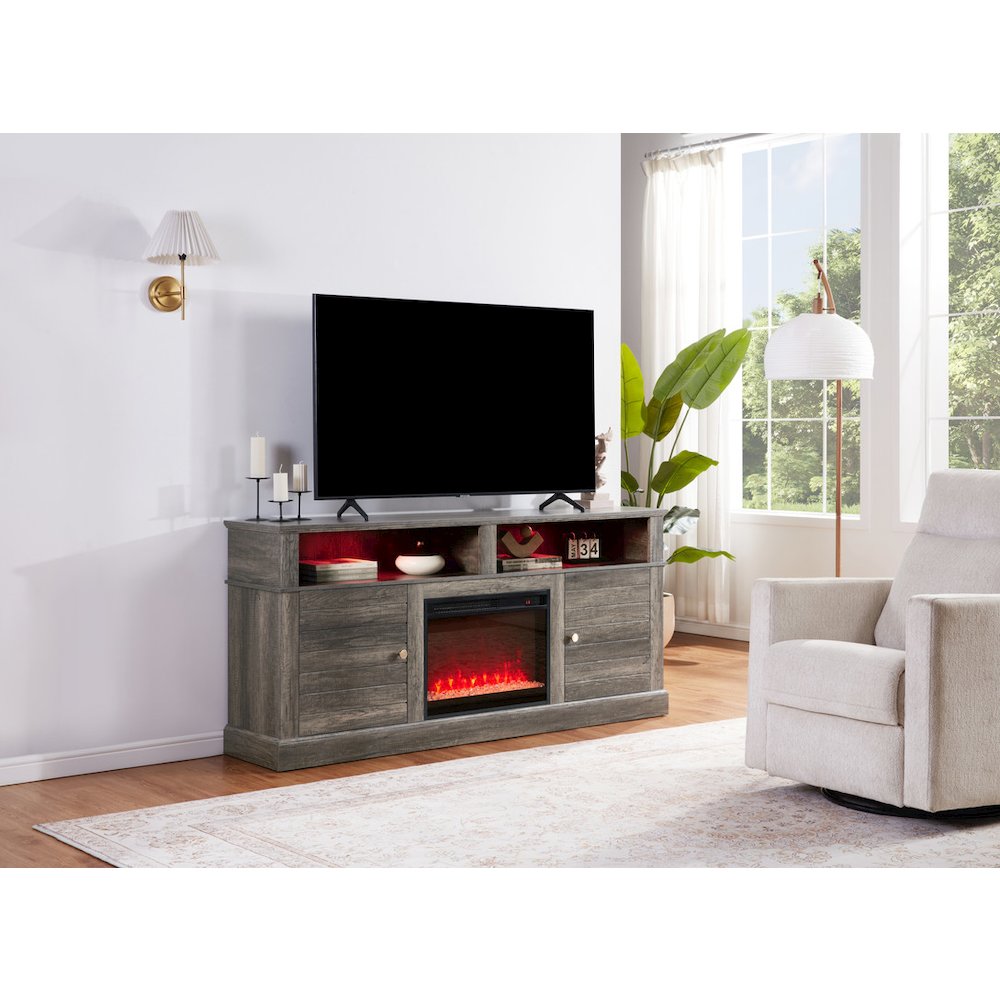 Lucifer 70"W Gray Walnut Finish TV Stand Console with Fireplace and Heater
