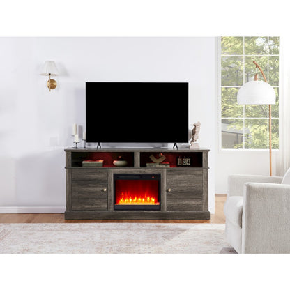 Lucifer 70"W Gray Walnut Finish TV Stand Console with Fireplace and Heater