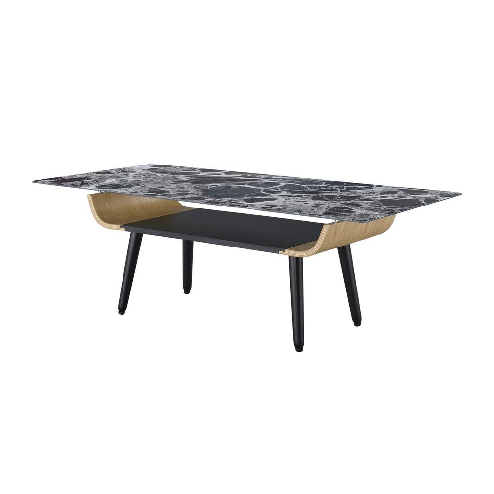Landon Coffee Table with Glass Black Marble Texture Top and Bent Wood Design