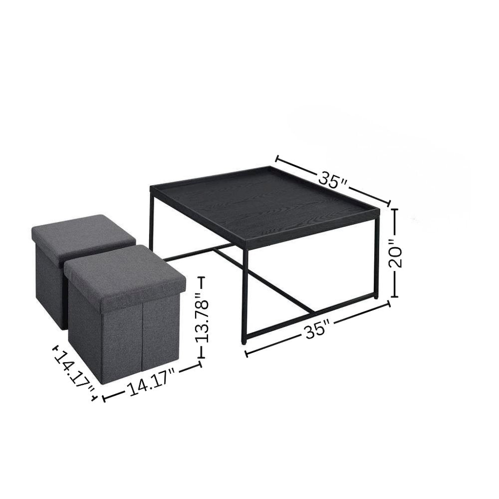 5 Piece Coffee Table Set, Storage Stools, Black Wood Grain