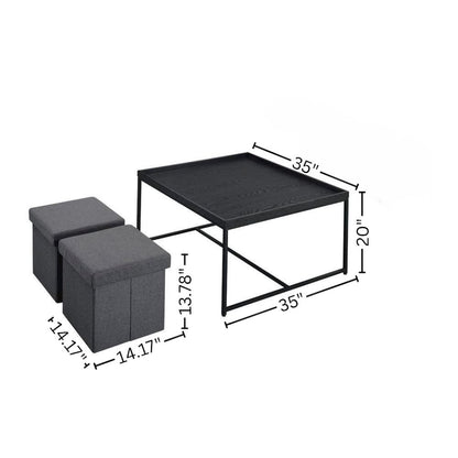 5 Piece Coffee Table Set, Storage Stools, Black Wood Grain