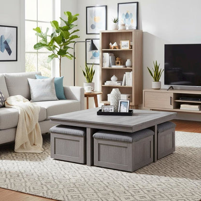 Coffee Table with 4 Storage Stools, Distressed Gray