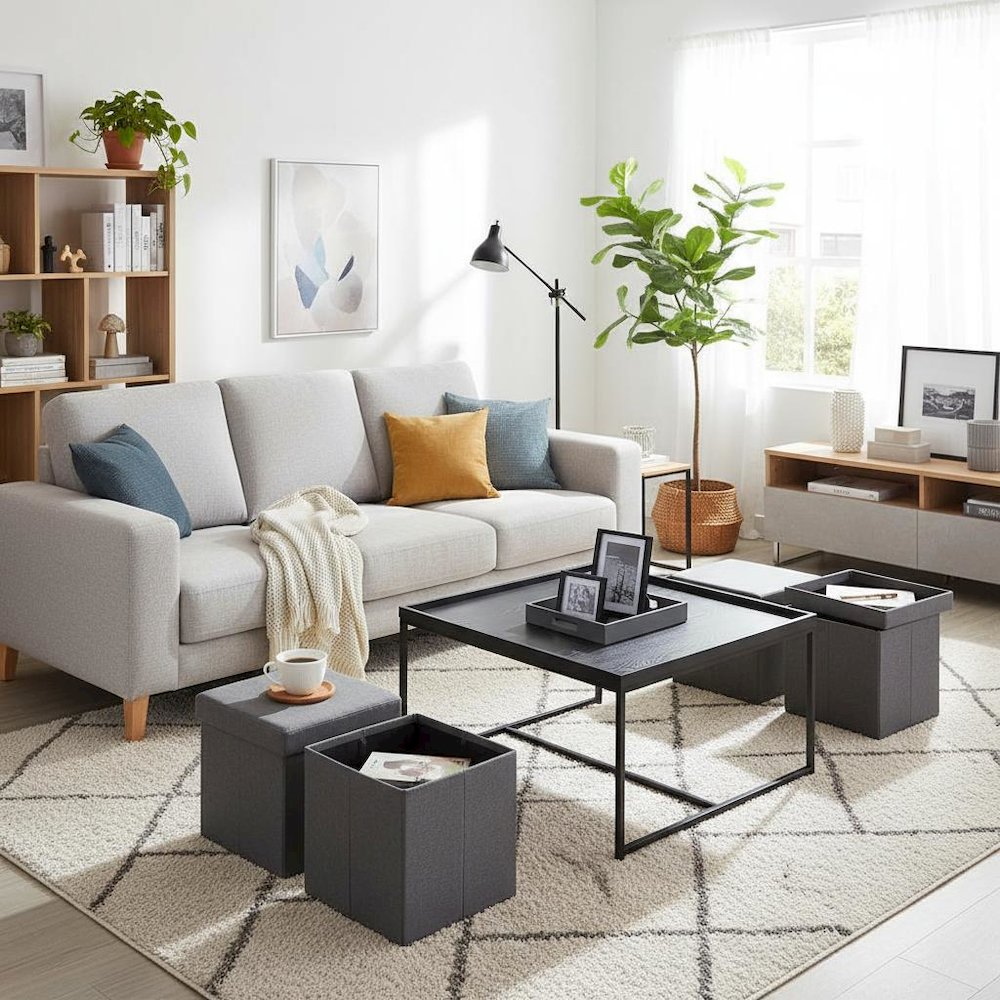 5 Piece Coffee Table Set, Storage Stools, Black Wood Grain