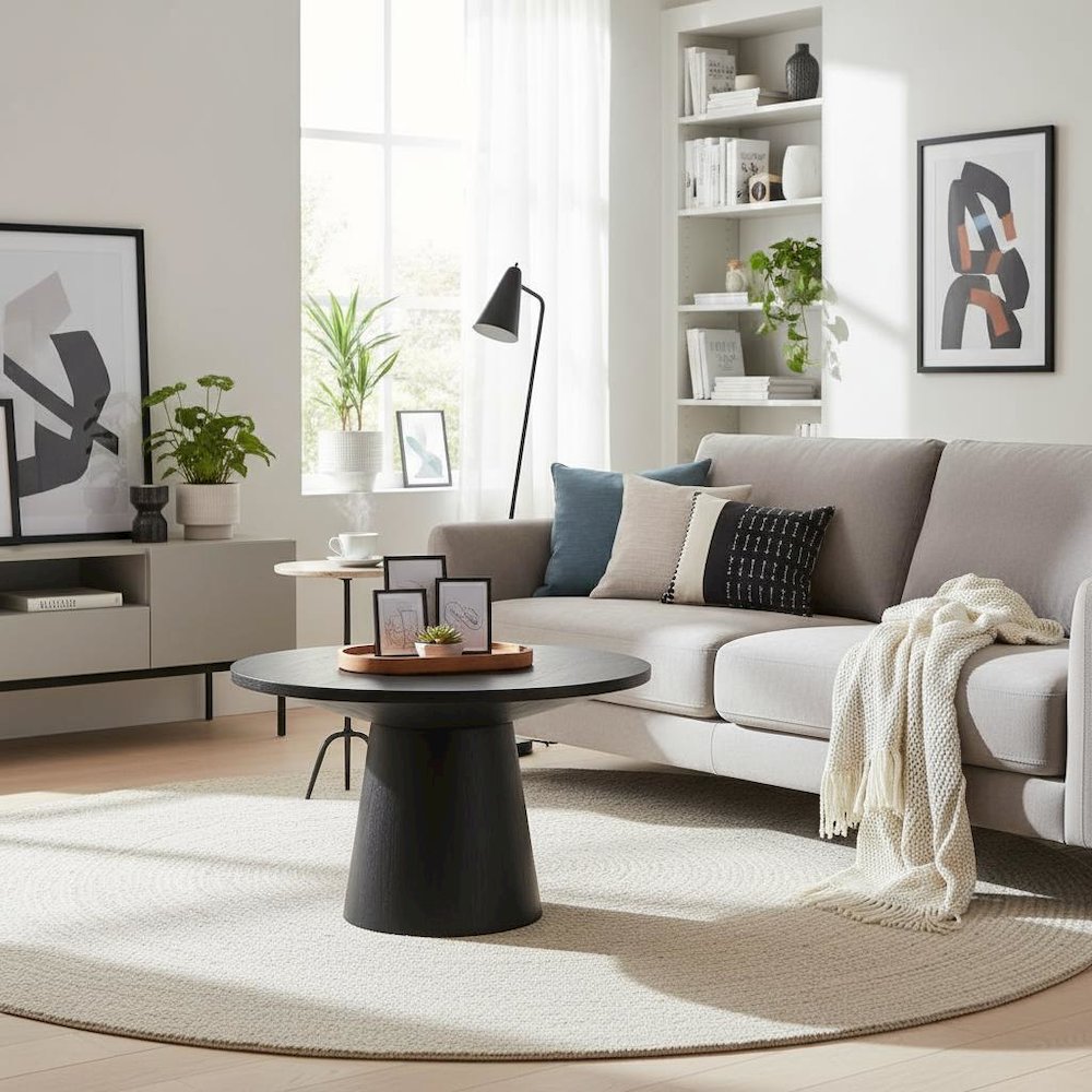 Round Coffee Table, Natural Wood Grain, Ebony Black