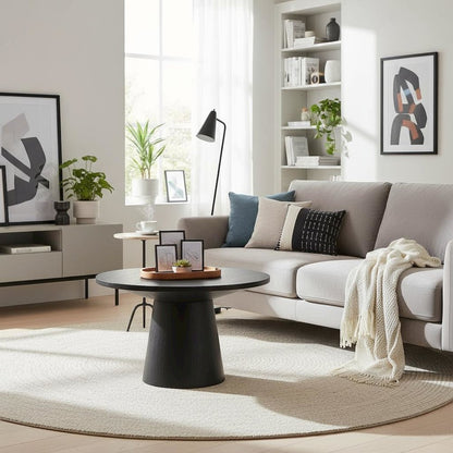 Round Coffee Table, Natural Wood Grain, Ebony Black