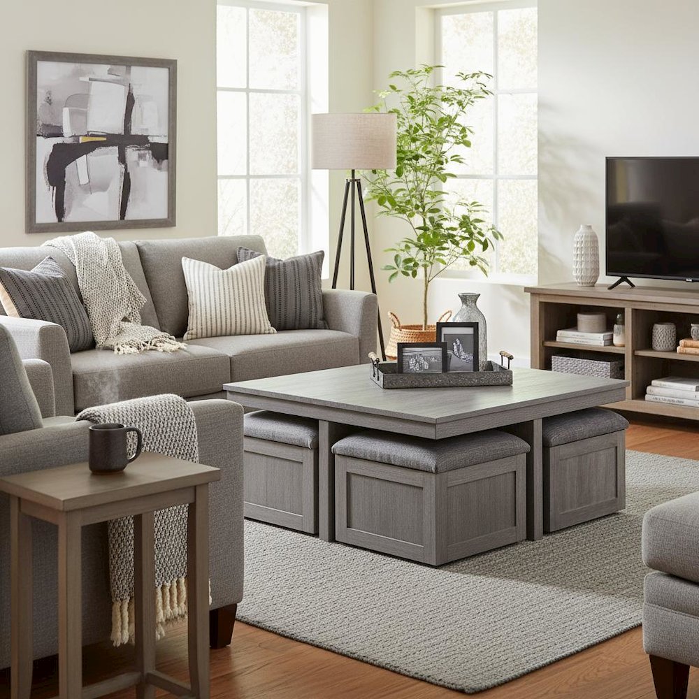 Coffee Table with 4 Storage Stools, Distressed Gray