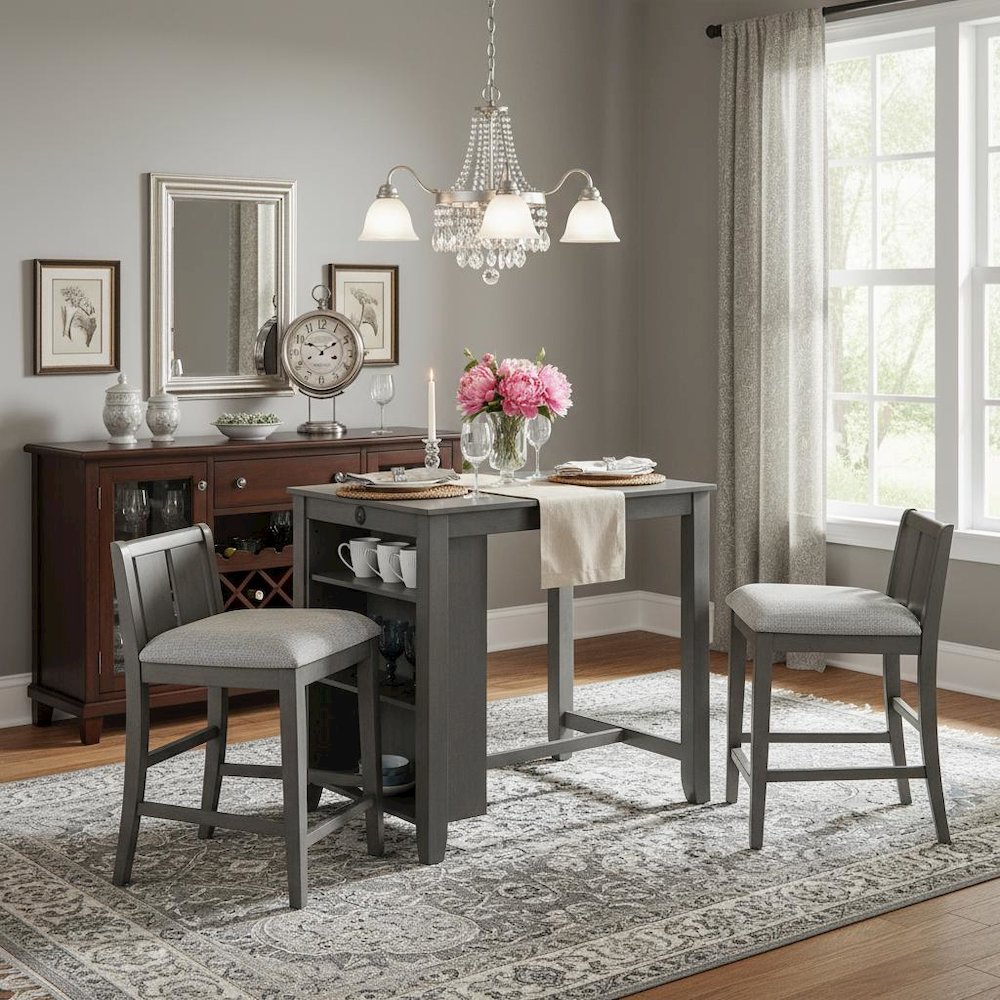 3 Piece Dining Set, Counter Height, USB Ports, Gray