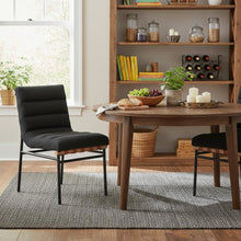 Set of 2 Dining Chairs, Black Boucle, Cognac PU, Black Iron Legs