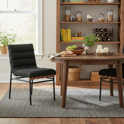 Set of 2 Dining Chairs, Black Boucle, Cognac PU, Black Iron Legs