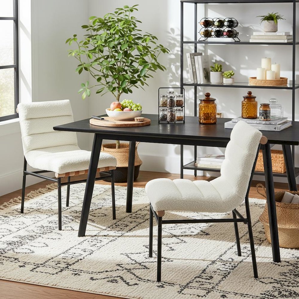 Set of 2 Dining Chairs, White Boucle, Cognac PU, Black Iron Legs