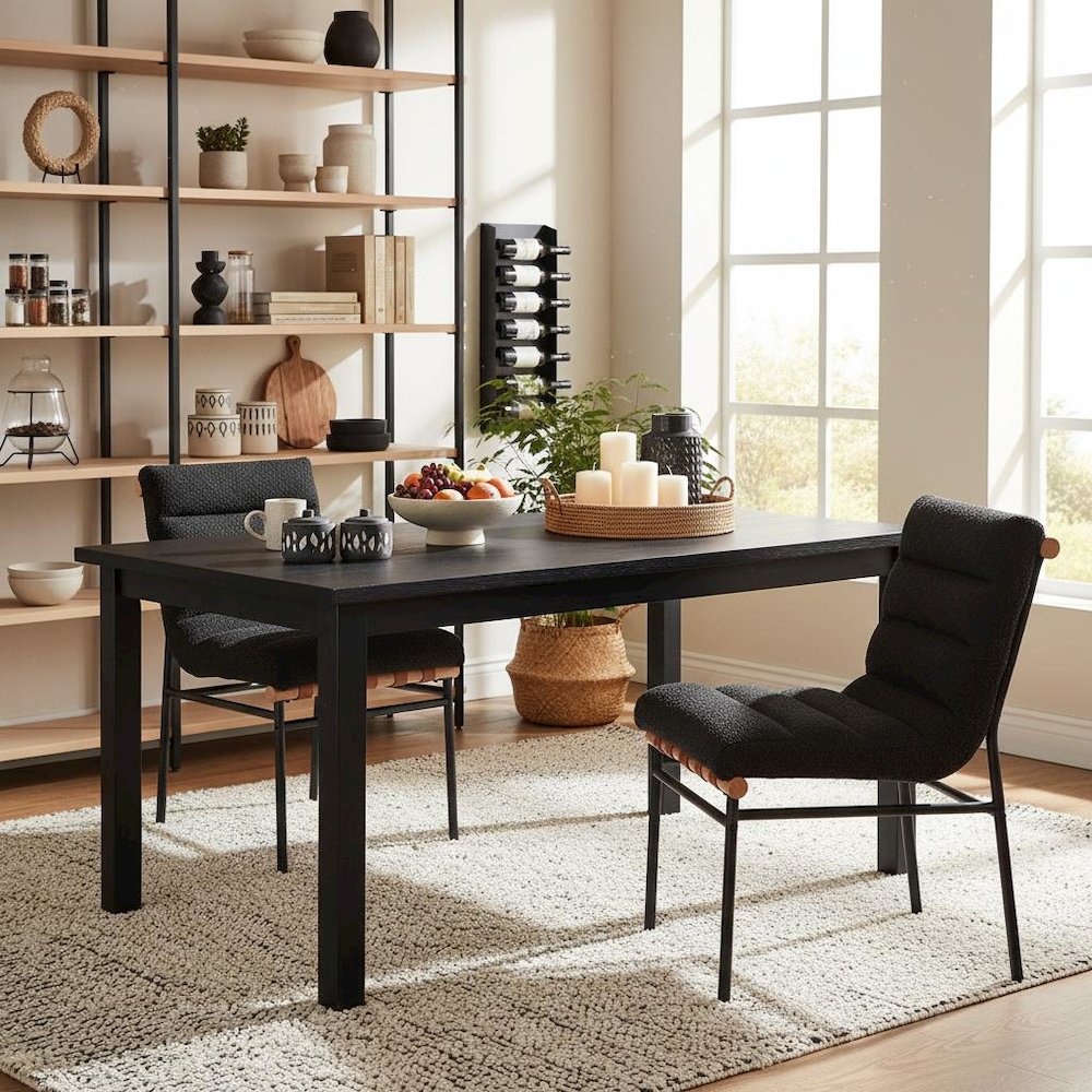 Set of 2 Dining Chairs, Black Boucle, Cognac PU, Black Iron Legs