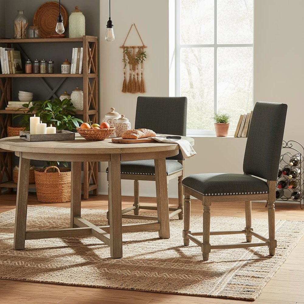 Set of 2 Dining Chairs, Gray Fabric, Nailhead Trim, Solid Wood Legs