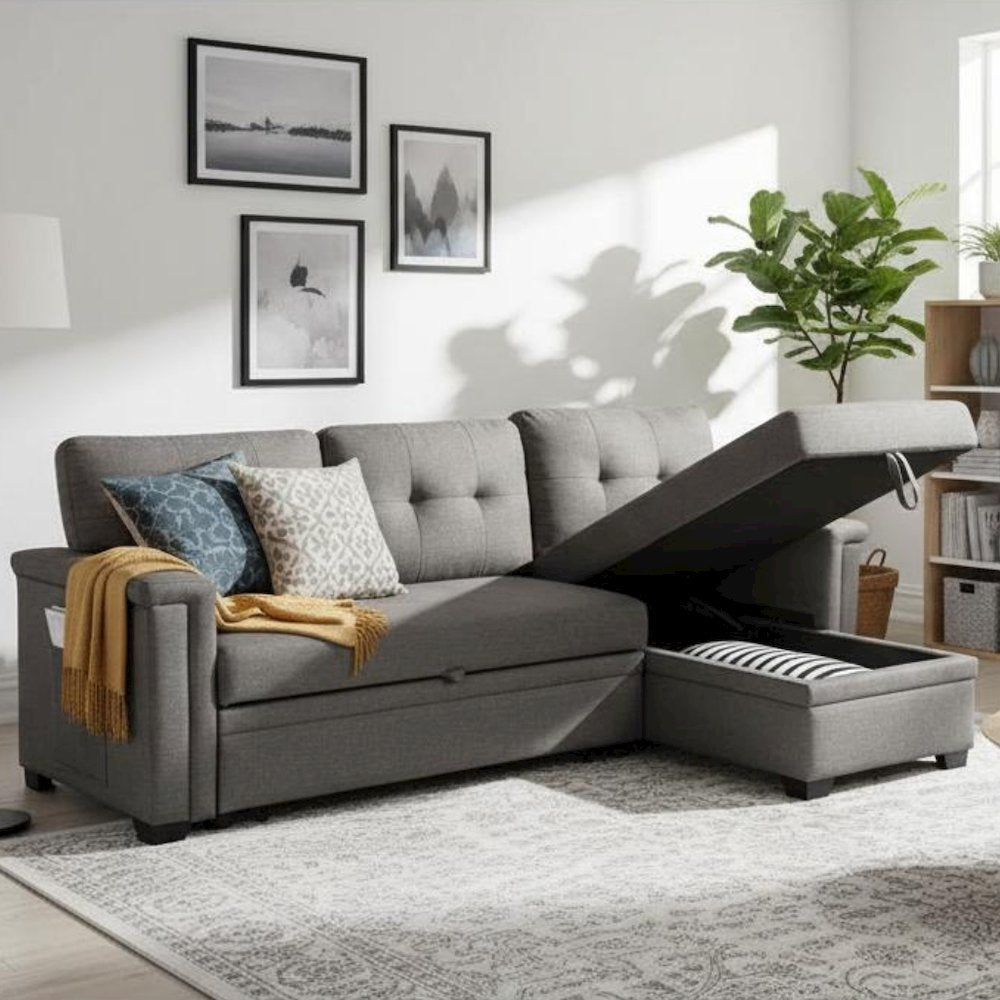 Reversible Sleeper Sectional Sofa, Storage Chaise, USB Ports, Gray
