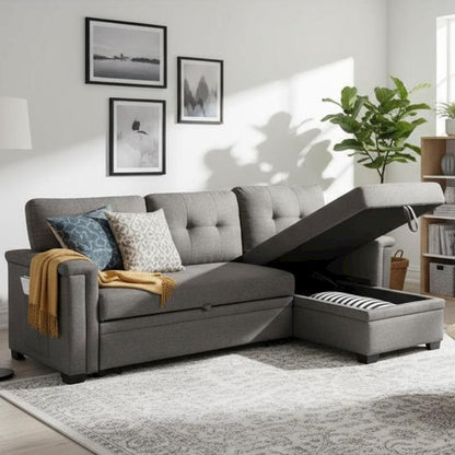 Reversible Sleeper Sectional Sofa, Storage Chaise, USB Ports, Gray