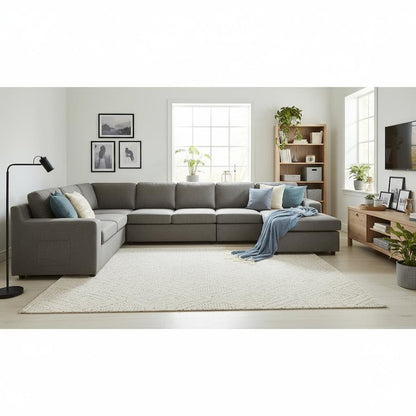 7-Seater U-Shape Sectional Sofa, Gray Linen, Modular, Pocket