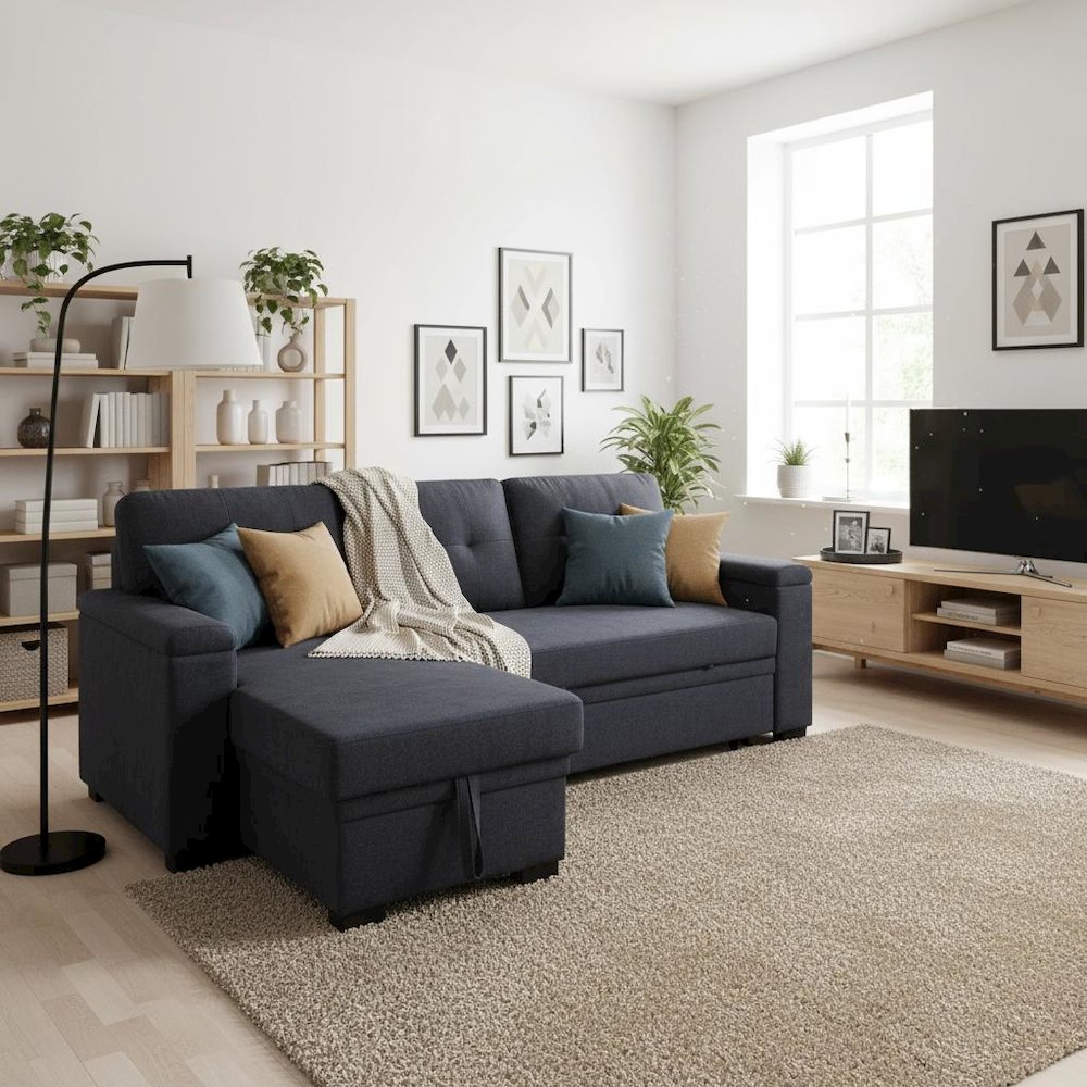 Reversible Sleeper Sectional Sofa, Storage Chaise, Dark Gray