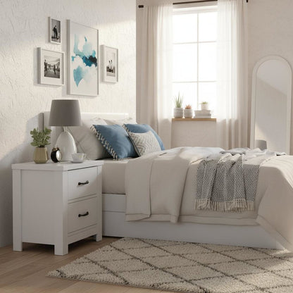 2-Drawer Nightstand, White, Black Handles