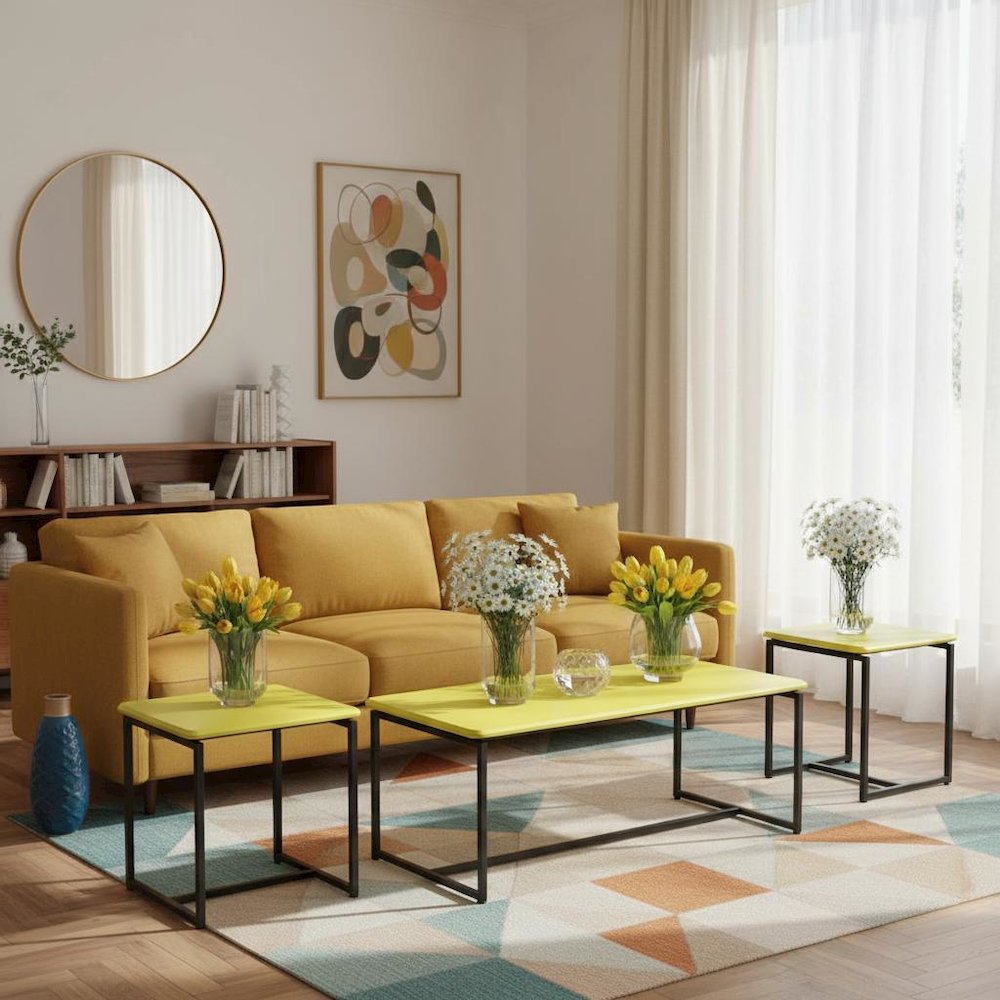 3 Piece Table Set, Carbon Fiber Wrap, Yellow, Metal Frame