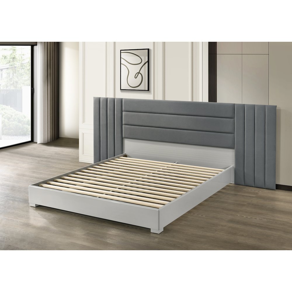 83" Queen Bed Frame, Fabric Channel Tufted Headboard, Lacquered Wood Gloss Rails