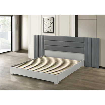 83" Queen Bed Frame, Fabric Channel Tufted Headboard, Lacquered Wood Gloss Rails