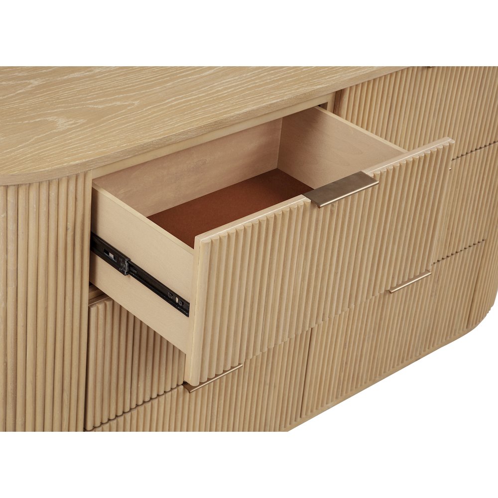 70" Wide Modern Fluted 6-Drawer Dresser Mid Century, Light Oak