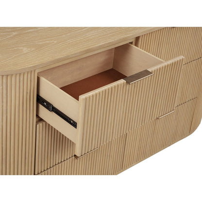 70" Wide Modern Fluted 6-Drawer Dresser Mid Century, Light Oak