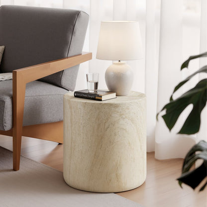 18" Round End Table Concrete Travertine Finish, Modern Organic Drum Side Table